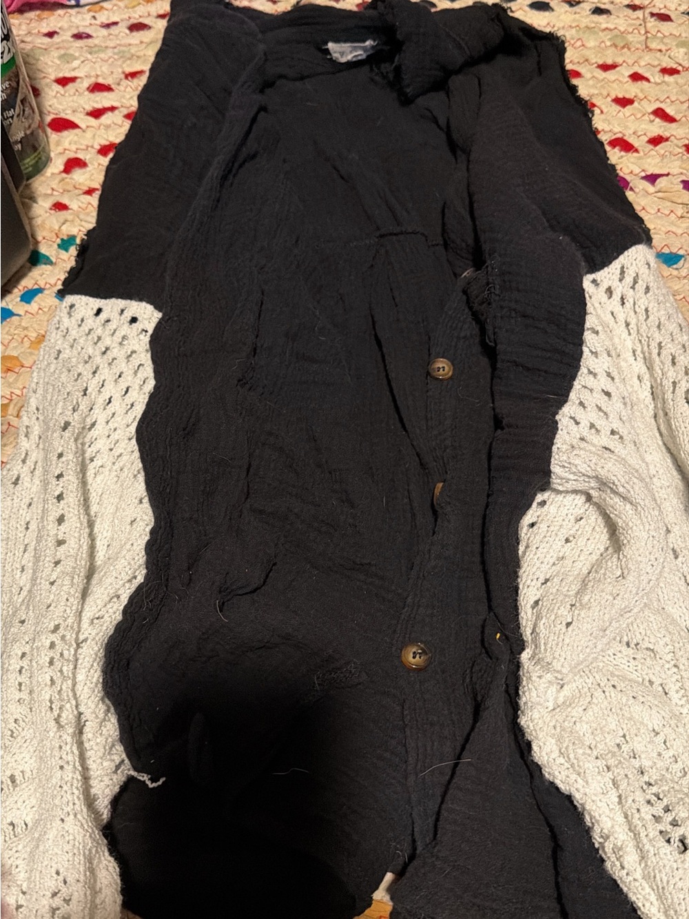 Black Cardigan with Cream Knit Sleeves